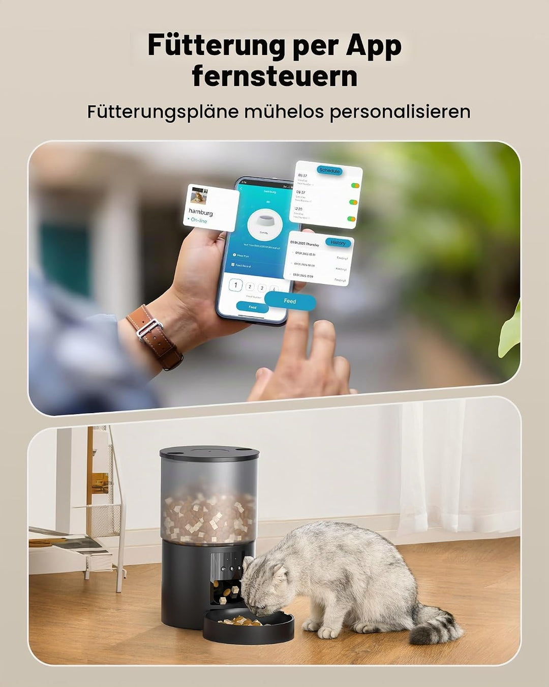 Futterautomat Katze Katzenfutter Automat WiFi: Futterspender Katze mit Massgeschneidert Zeitplan - A