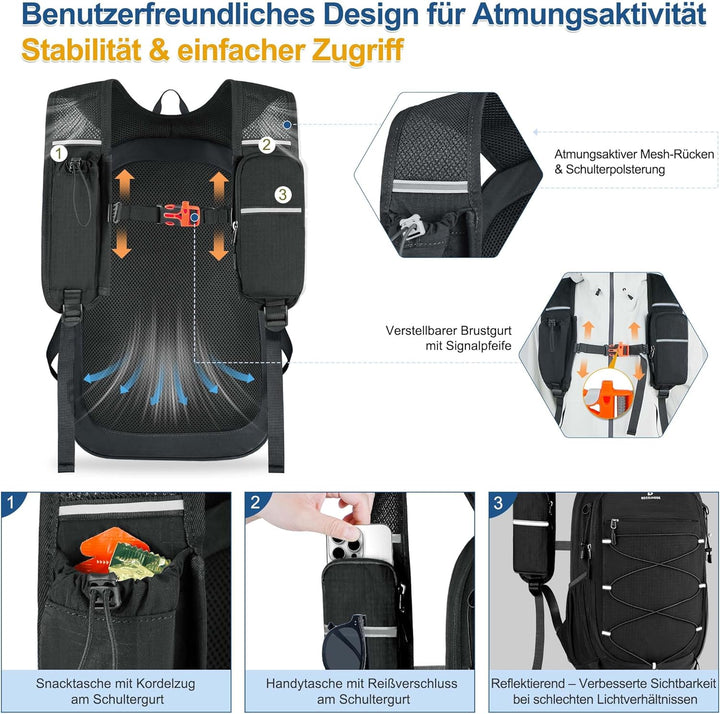 BECOJADDE 15L Kleiner Wanderrucksack Tagesrucksack Herren Damen Leichter Faltbarer Rucksack mit Brus