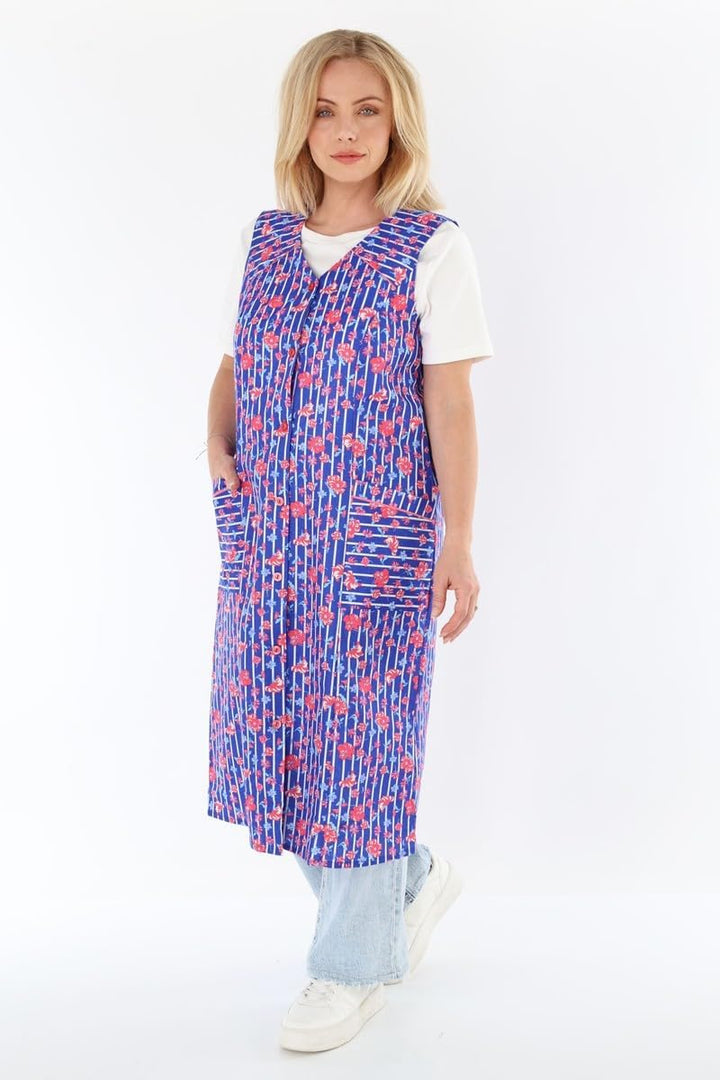 Knopfkittel Baumwolle bunt Kochschürze Hauskleid Kittel Schürze ohne Arm 38 Blau/Rot, 38 Blau/Rot
