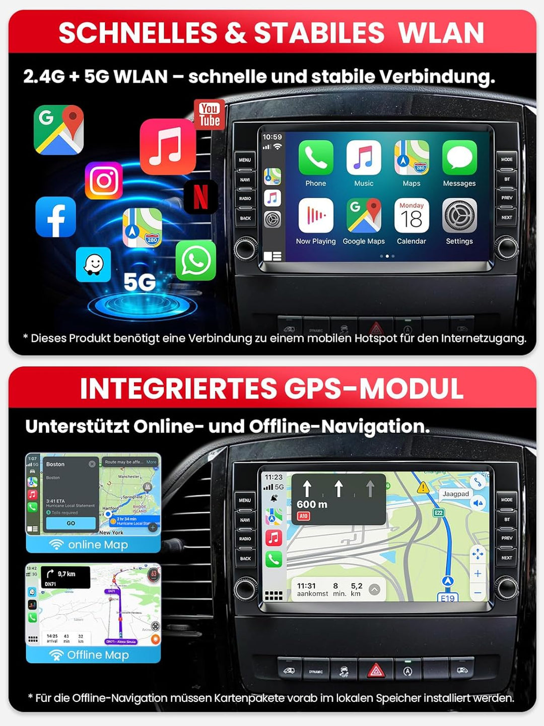 Doppel DIN Autoradio mit Bildschirm für Mercedes-Benz Vito W906 W169, Wireless CarPlay & Android Aut
