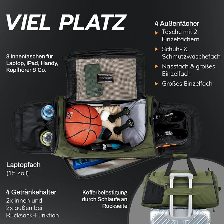 Sporttasche [RECYCELTES PET] 50L – Gym Bag und Rucksack in Einem – wasserdichte Trainingstasche Herr