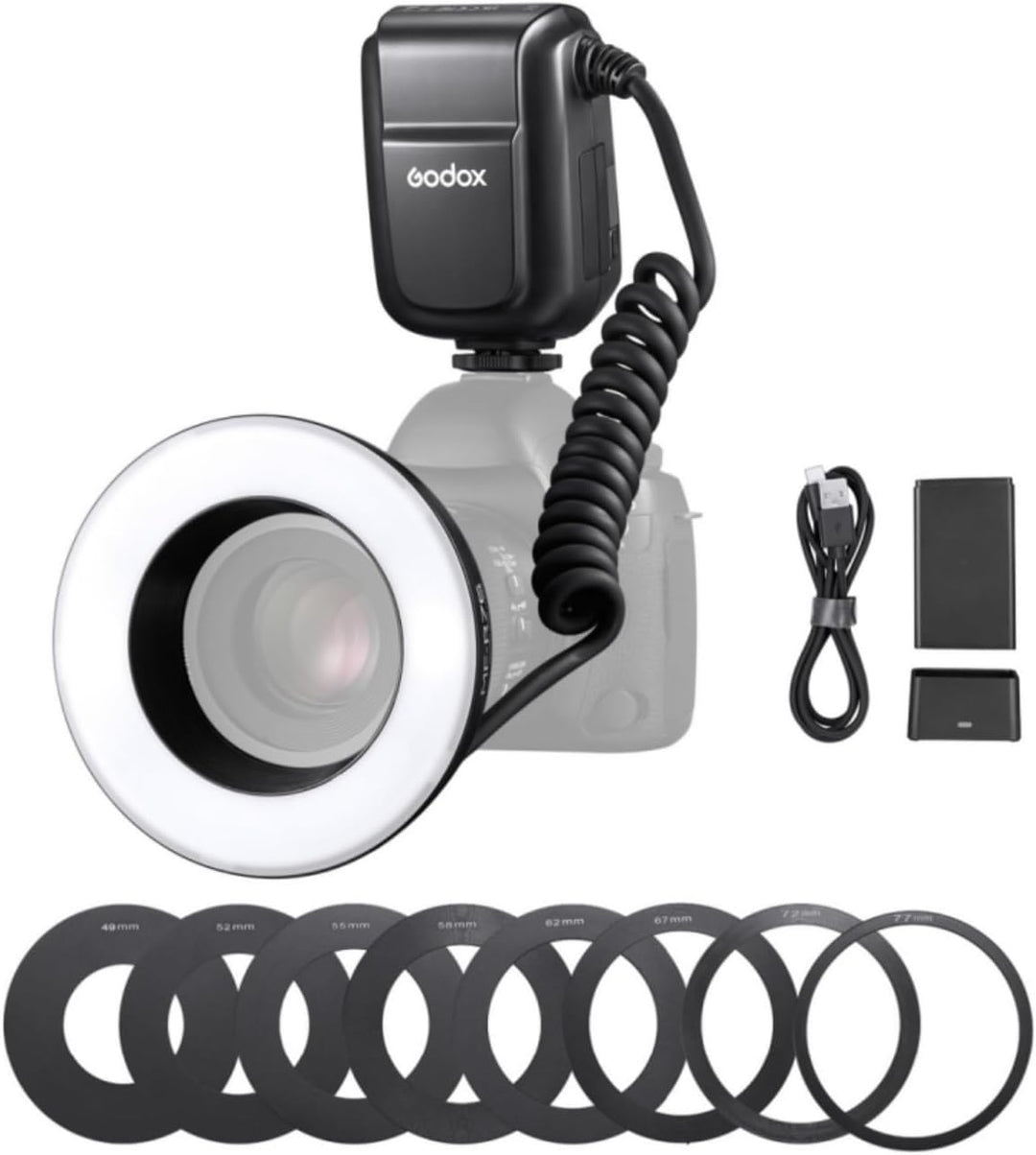 Godox MF-R76 Macro Ring Blitzlicht GN14 10 Stufen einstellbare Helligkeit mit 8 Stück Adapterring Gr