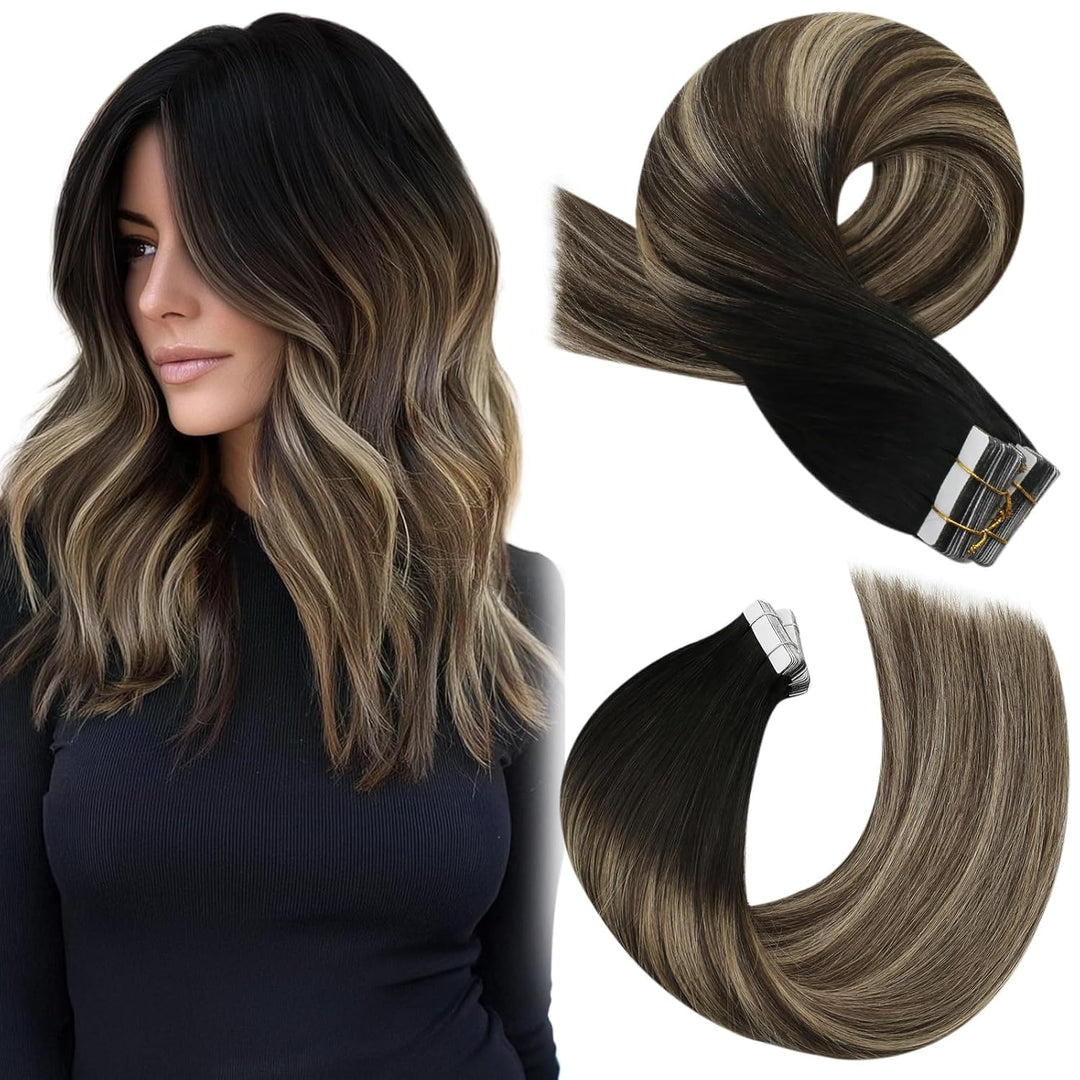 Moresoo Tape in Extension Echthaar Balayage Schwarz Remy Unsichtbare Extensions Echthaar Tape Schwar