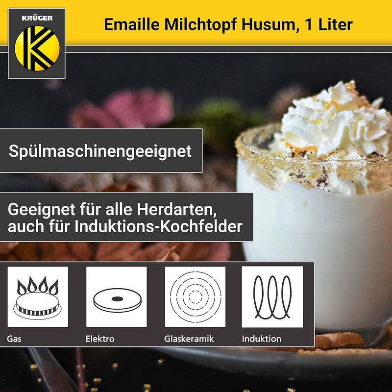 Krüger Emaille-Milchtopf Weiss 12cm, 1 Liter - Topf mit Vollkontaktboden für energiesparendes Kochen