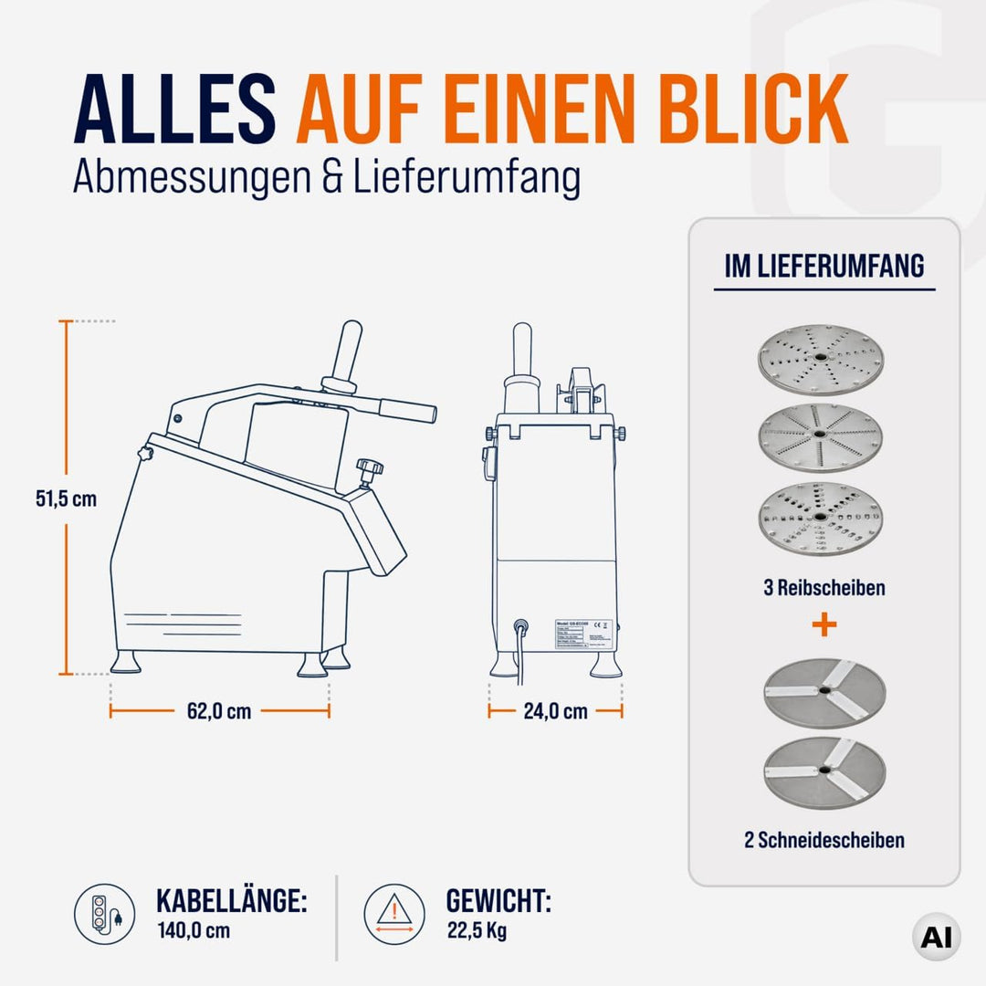 GastroHero Gemüseschneider I Elektrischer Gemüseschneider I 300 kg/h Leistung I 5 Scheiben Ø 2-7 mm
