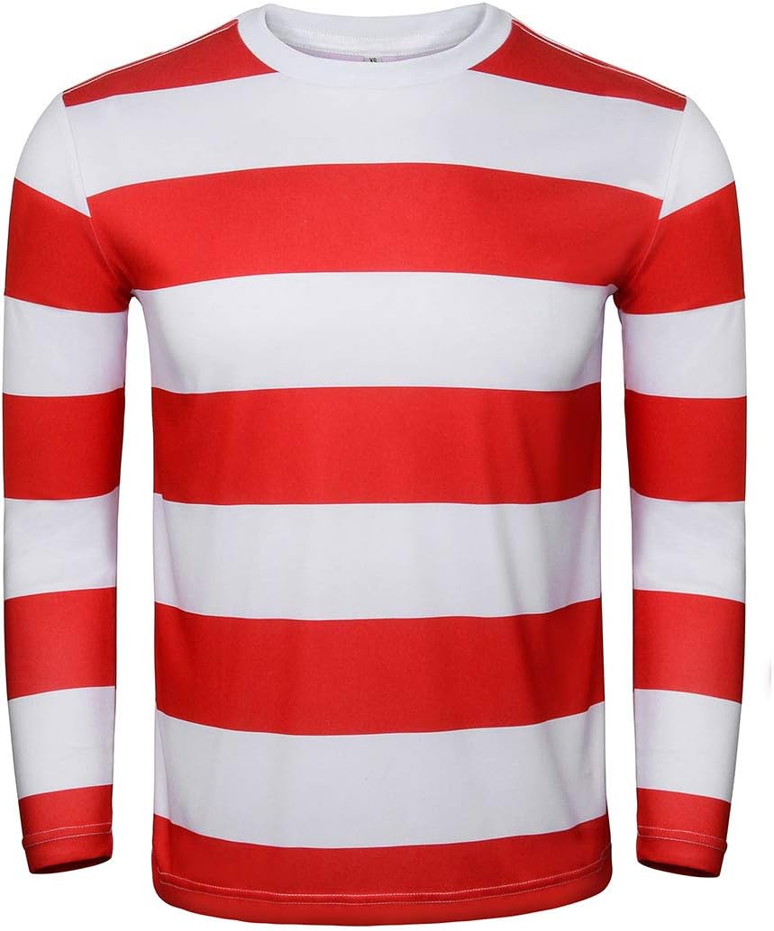 NUWIND Herren Rot-weiss gestreiftes T-Shirt Kit mit Brille &amp; Bommelmütze Walter Kostüm Halloween Cos
