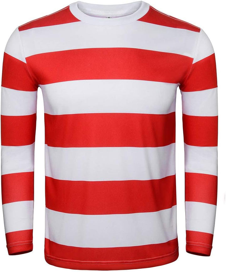 NUWIND Herren Rot-weiss gestreiftes T-Shirt Kit mit Brille & Bommelmütze Walter Kostüm Halloween Cos