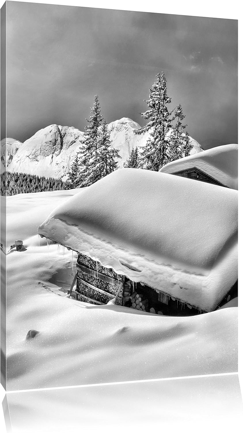 Pixxprint Berghütten Alpen / 100x70cm Leinwandbild bespannt auf Holzrahmen/Wandbild Kunstdruck Dekor