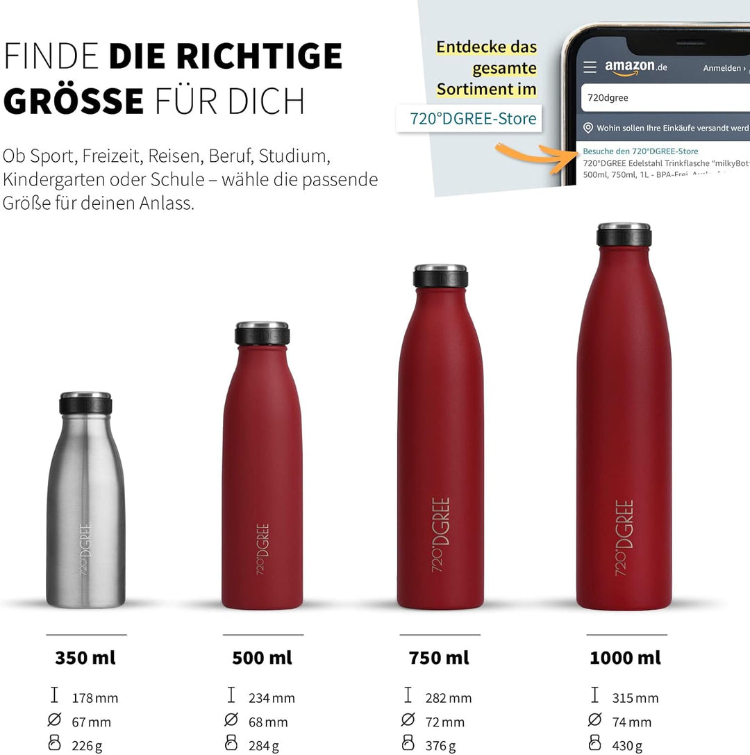 720°DGREE Edelstahl Trinkflasche “milkyBottle” - 750ml - BPA-Frei, Auslaufsicher, Kohlensäure geeign
