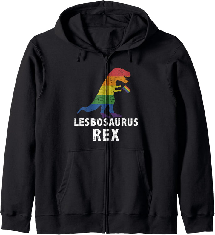Lesbosaurus Rex lesbischer Dinosaurier in Regenbogen Flagge Kapuzenjacke