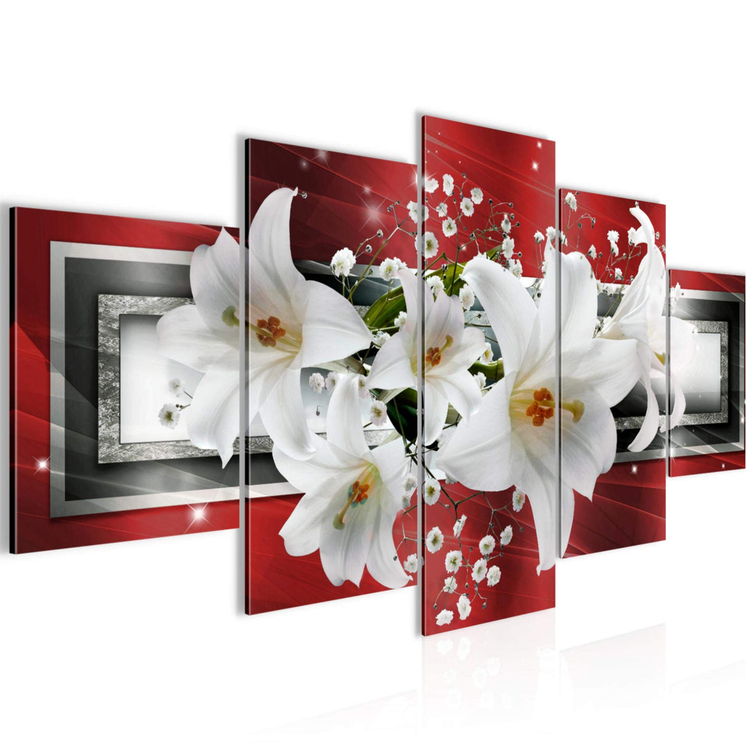 Runa Art Wandbilder Blumen Lilien 5 Teilig Bild auf Vlies Leinwand Deko Wohnzimmer Abstrakt Rot Grau