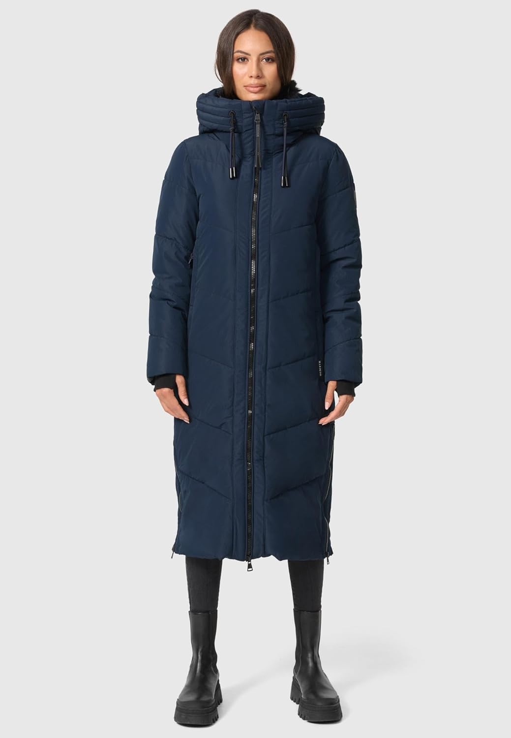 MARIKOO Damen Wintermantel warmer Steppmantel lang mit Kapuze und abnehmbarem Kunstfellkragen Nadare