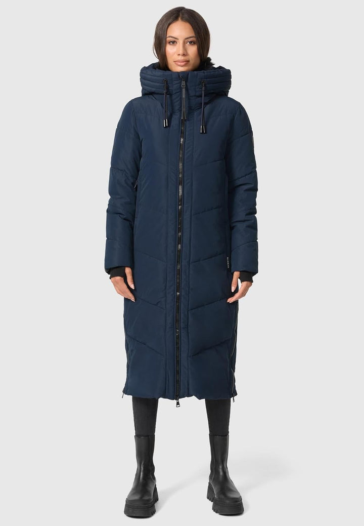 MARIKOO Damen Wintermantel warmer Steppmantel lang mit Kapuze und abnehmbarem Kunstfellkragen Nadare