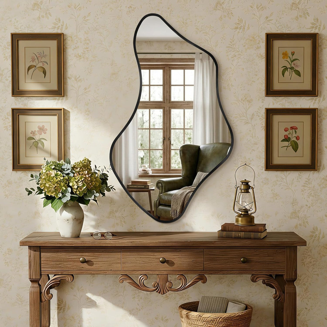 Unregelmässiger Wavy Wandspiegel mit Metallrahmen &amp; Gehärtetem Sicherheitsglas für Badezimmer, Schla