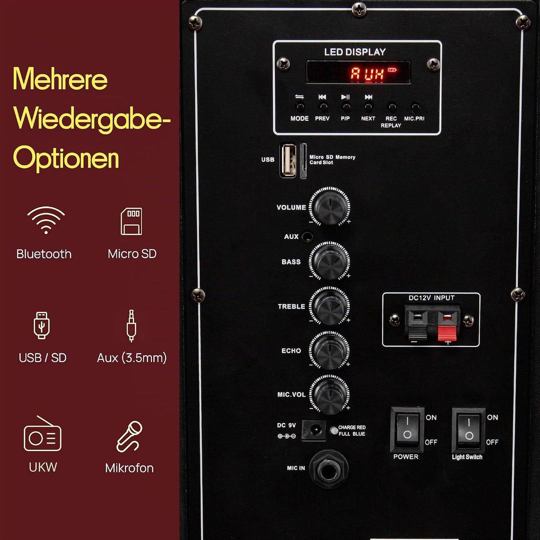 Pyle Musikbox Bluetooth Gross, 800W Party Lautsprecher mit DJ- Lichtern, Teleskopgriff & Rollen, FM,
