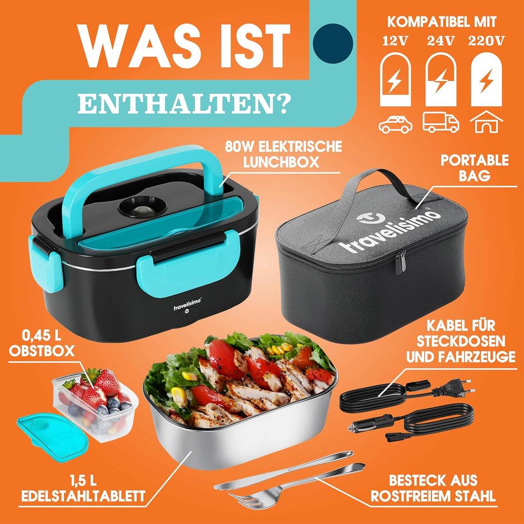 TRAVELISIMO Elektrische Lunchbox 3-in-1 für Auto LKW und Arbeit, 12V+24V+220V, erhitzt Lebensmittel