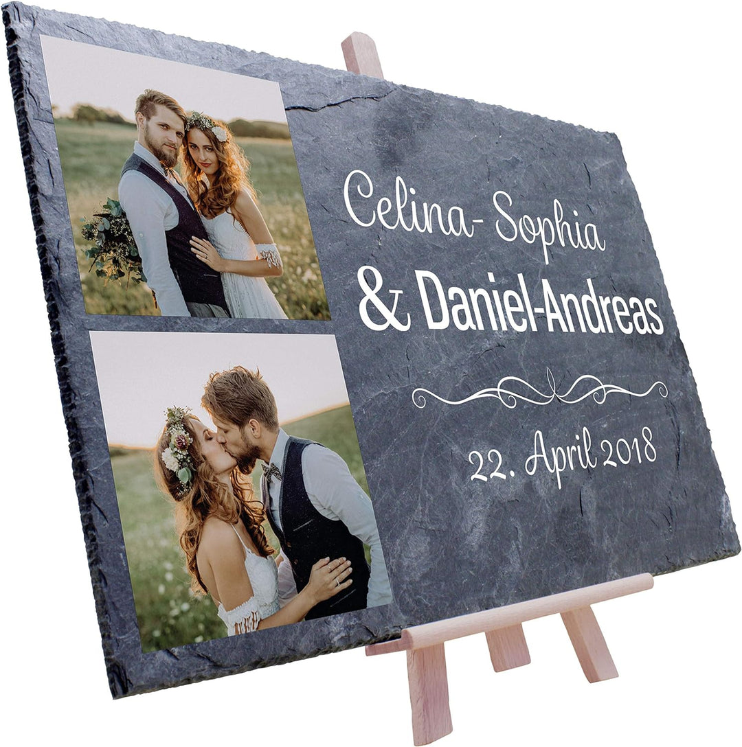 wandmotiv24 Schiefertafel Hochzeit mit Staffelei, Personalisierbar Digitaldruck 2 Farb-Fotos + Vorna