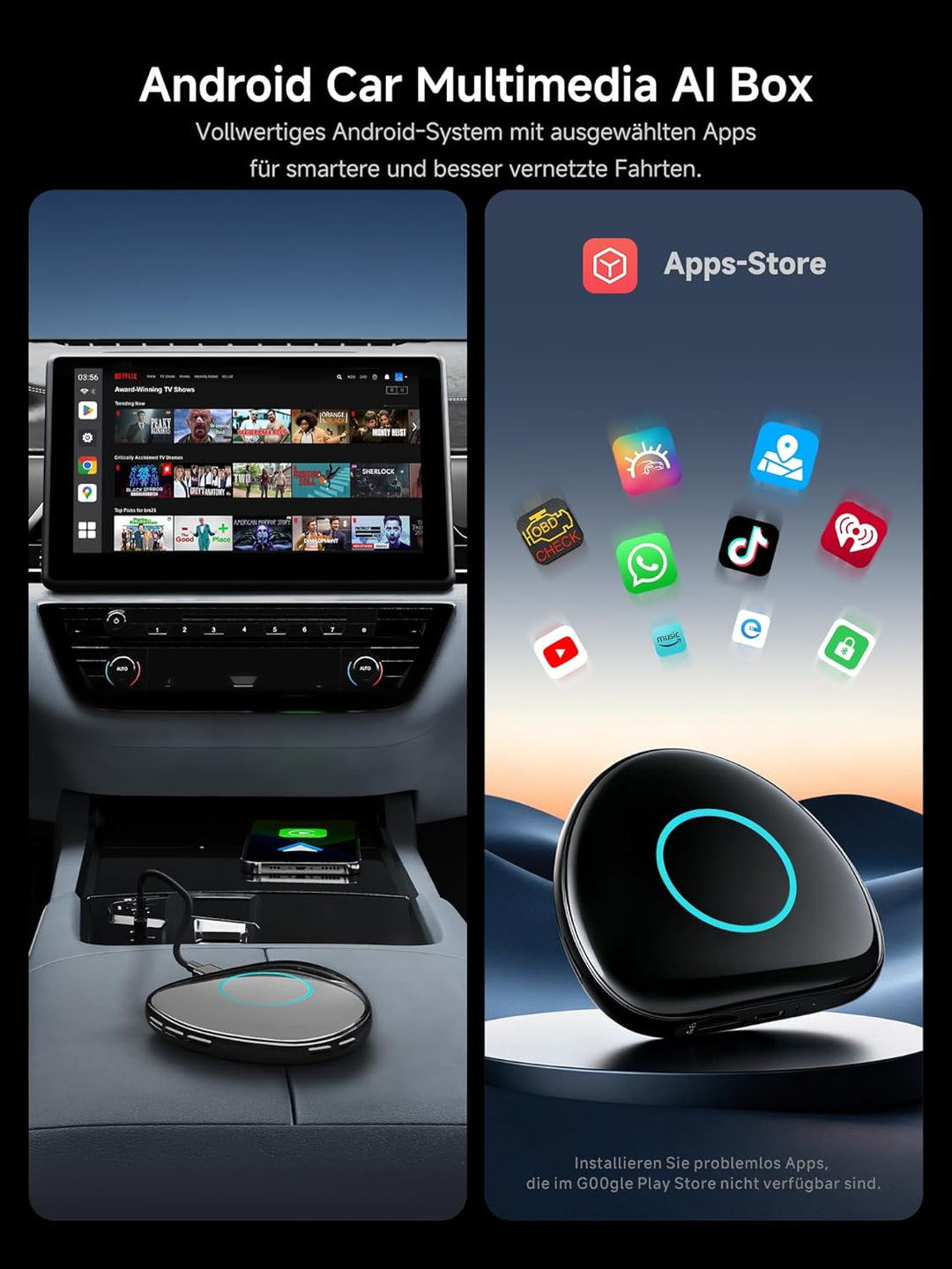 AI Box CarPlay Wireless Adapter & Android Auto Wireless Adapter mit Integriertem 4G, Wi-Fi, Dual BT,