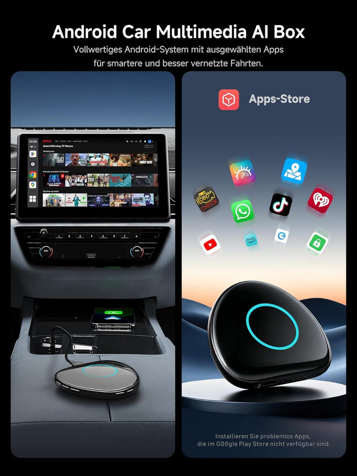 AI Box CarPlay Wireless Adapter & Android Auto Wireless Adapter mit Integriertem 4G, Wi-Fi, Dual BT,
