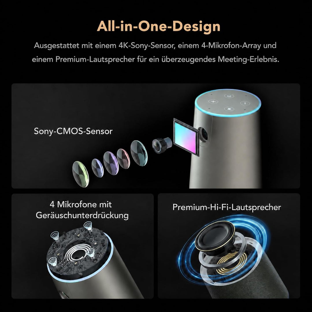 Nuroum C46 4K Videokonferenz-Webcam mit Mikrofon und Lautsprecher, 120° Blickfeld/Auto-Framing/5x Zo