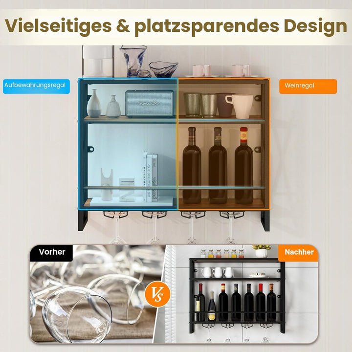 KOMFOTTEU Weinregal Wand, Flaschenregal Holz mit Metallrahmen, dekoratives Wandregal mit Becherhalte