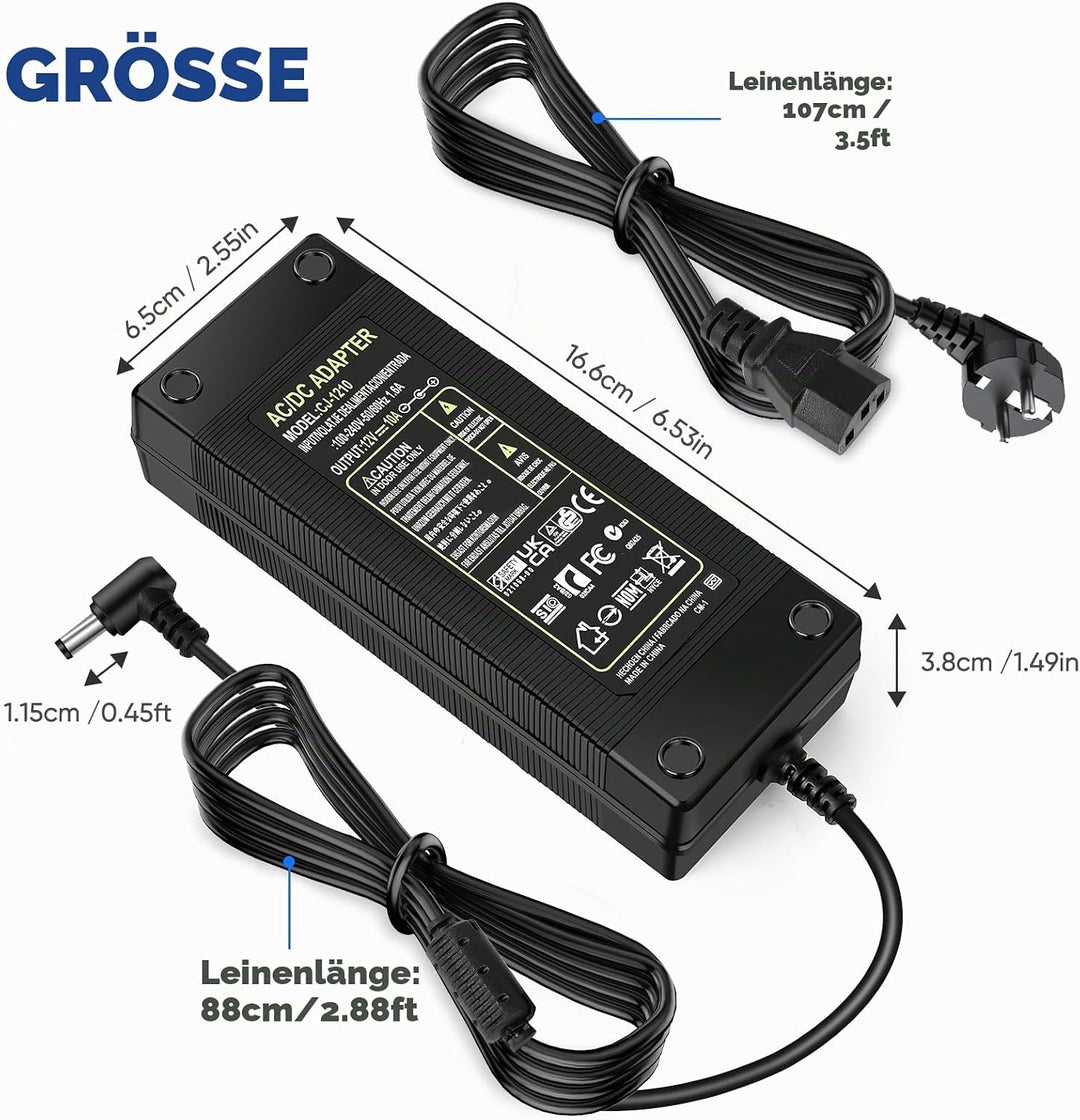 120W Netzteil 12V 10A mit DC Stromanschlüsse, AC 100-240V auf 12 V DC LED Driver Adapter, 5.5 x 2.5m
