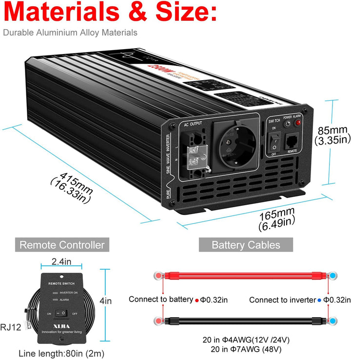 XIJIA LCD-display Wechselrichter 24V reine Sinuswelle zu AC 230V 50Hz LCD-Anzeige Solarenergiekonver