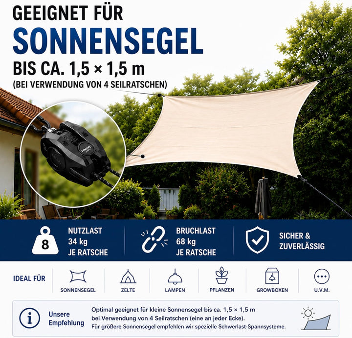 4x Seilratsche mit Haken, Tragkraft 68 kg, Ø 1/8 Zoll, 2,4 M einstellbare Abspannseile mit Ratsche,
