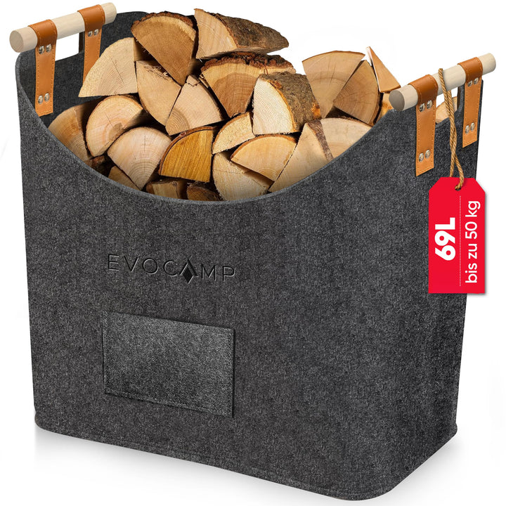 EVOCAMP Filzkorb XXL, Filztasche gross, mit Holzgriffen, Körbe Aufbewahrung, Holzkorb für Kaminholz,