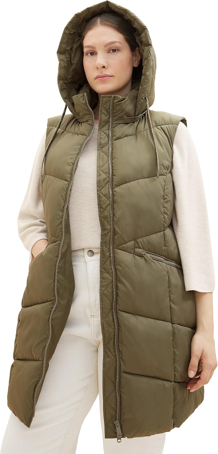 TOM TAILOR Damen Longstyle Steppweste 46 11848-jungle Soil Green, 46 11848-jungle Soil Green