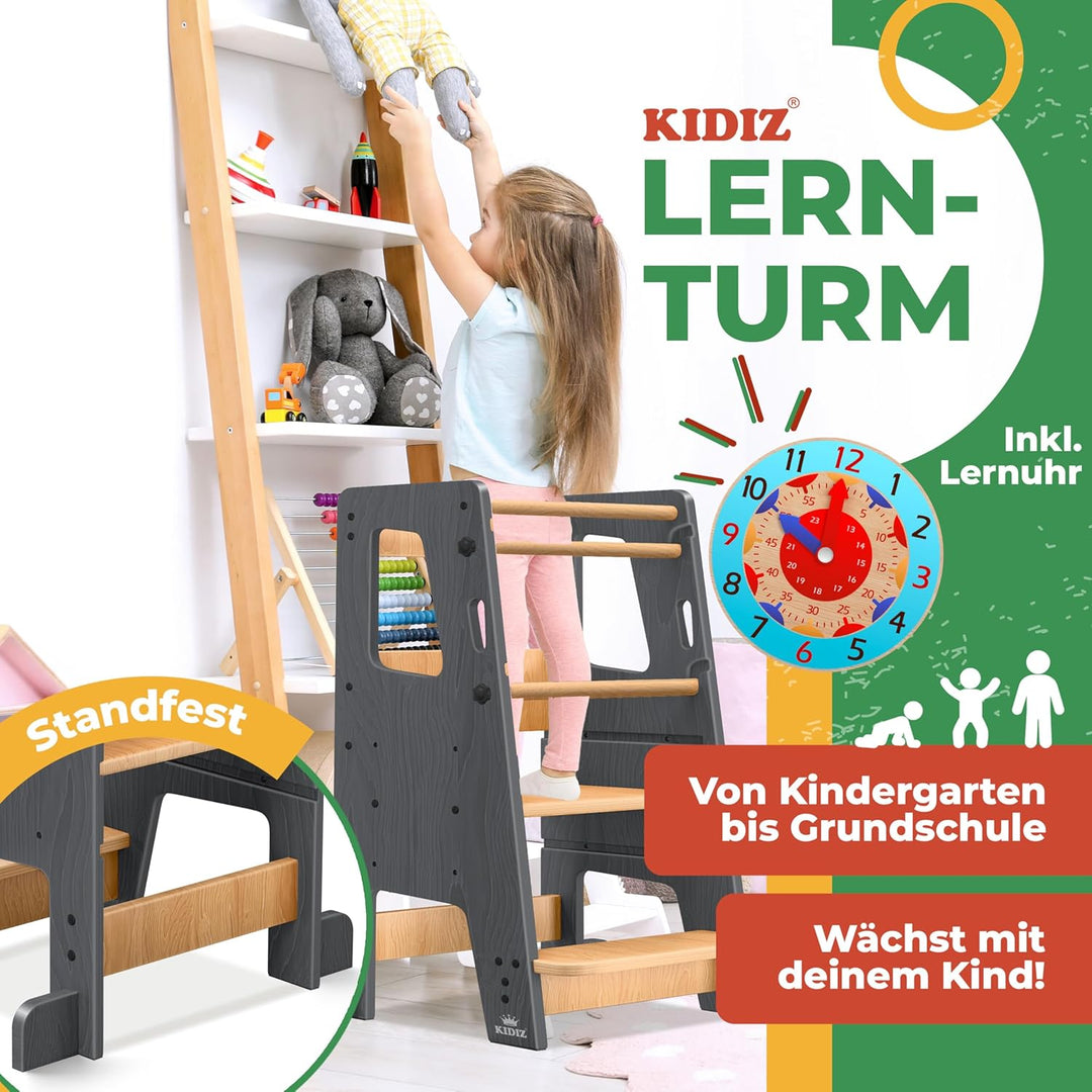 KIDIZ® Lernturm für Kinder ab 1 Jahr inkl. Lernuhr | 3-stufig Höhenverstellbarer Tritthocker aus Kie