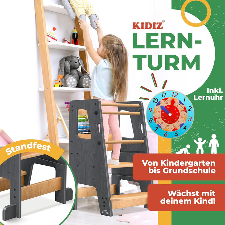 KIDIZ® Lernturm für Kinder ab 1 Jahr inkl. Lernuhr | 3-stufig Höhenverstellbarer Tritthocker aus Kie