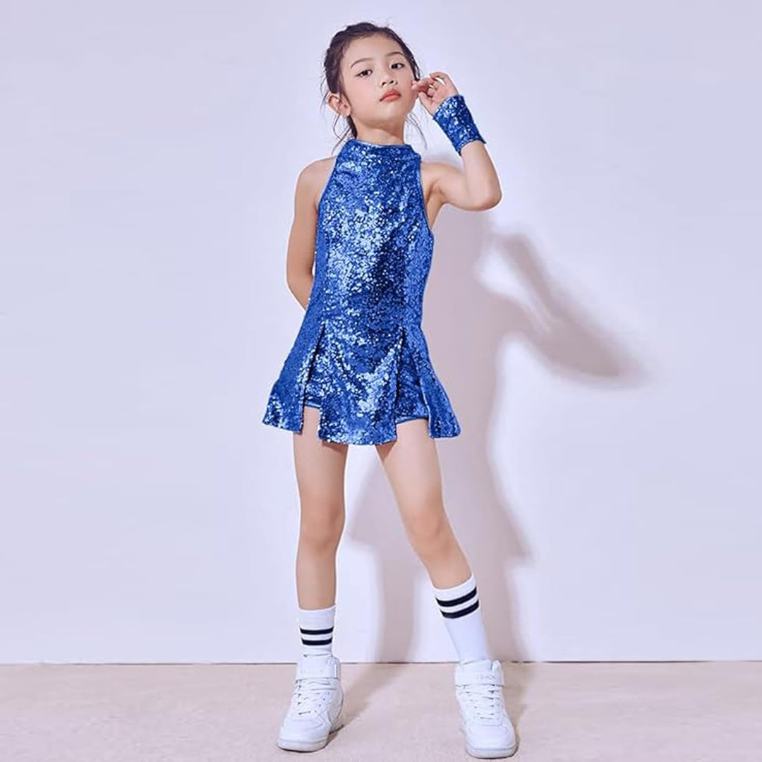LOLANTA Mädchen Pailletten-Kostüm Hip Hop Dancewear Funkelndes Tanzkleid Gesetzt 5-6 Jahre Blau, 5-6