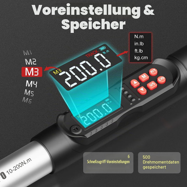 VANPO Digitaler Drehmomentschlüssel 1/2 Zoll Set, 10-200 Nm Drehmomentschlüssel Auto mit LCD-Display