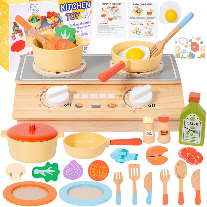 Kinderküche Zubehör Holz,Zubehör Kinderküche,Spielküche Zubehör Holz,Spielzeug Lebensmittel mit Töpf