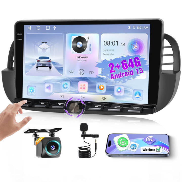 Hikity 2+64G Android 15 Autoradio für FIAT 500 2007-2015 Radio Carplay Android Auto Wireless 9" IPS