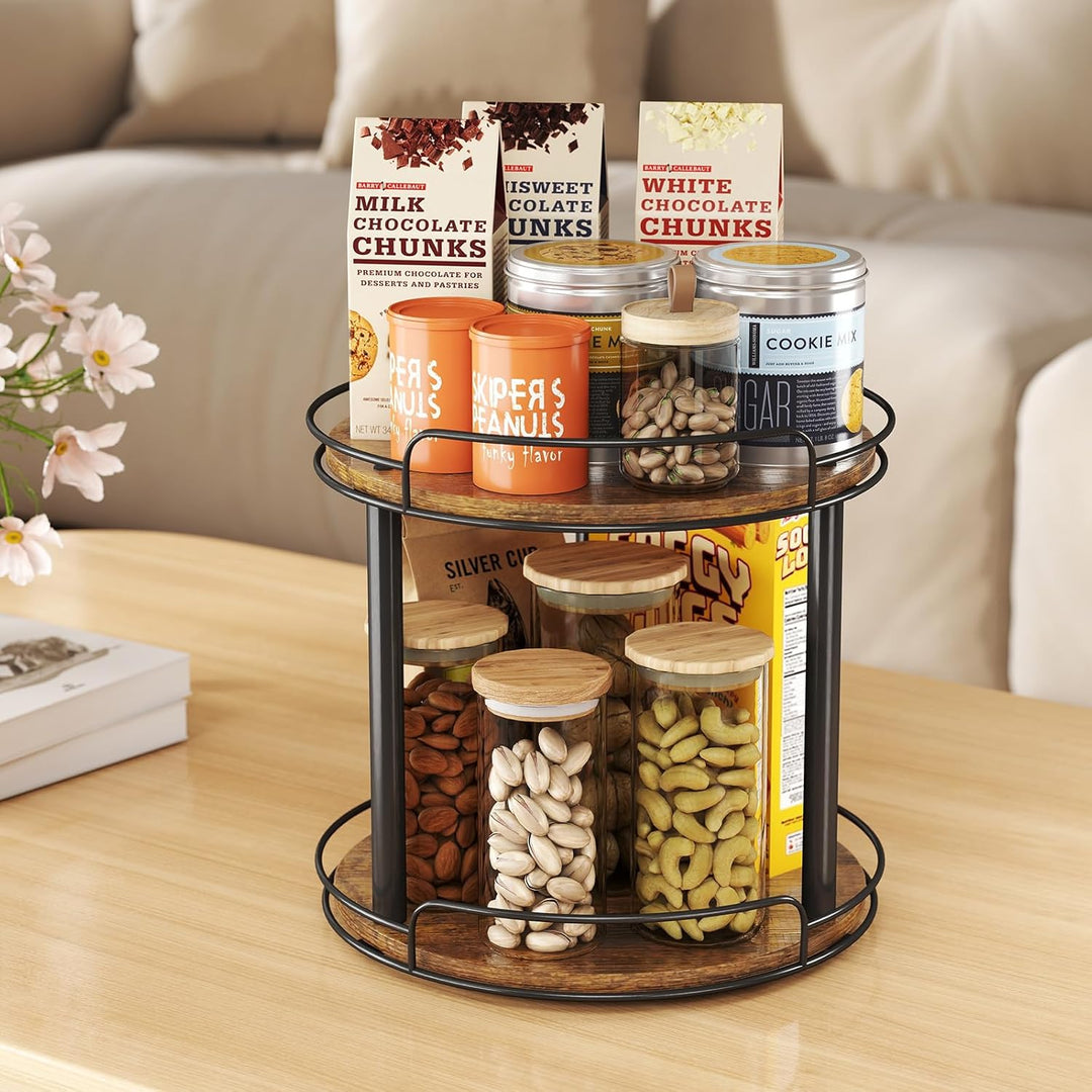 LAMU Lazy Susan Drehteller-Organizer aus Holz für Schrank, 2 Etagen, Lazy Susan Gewürzregal für Küch