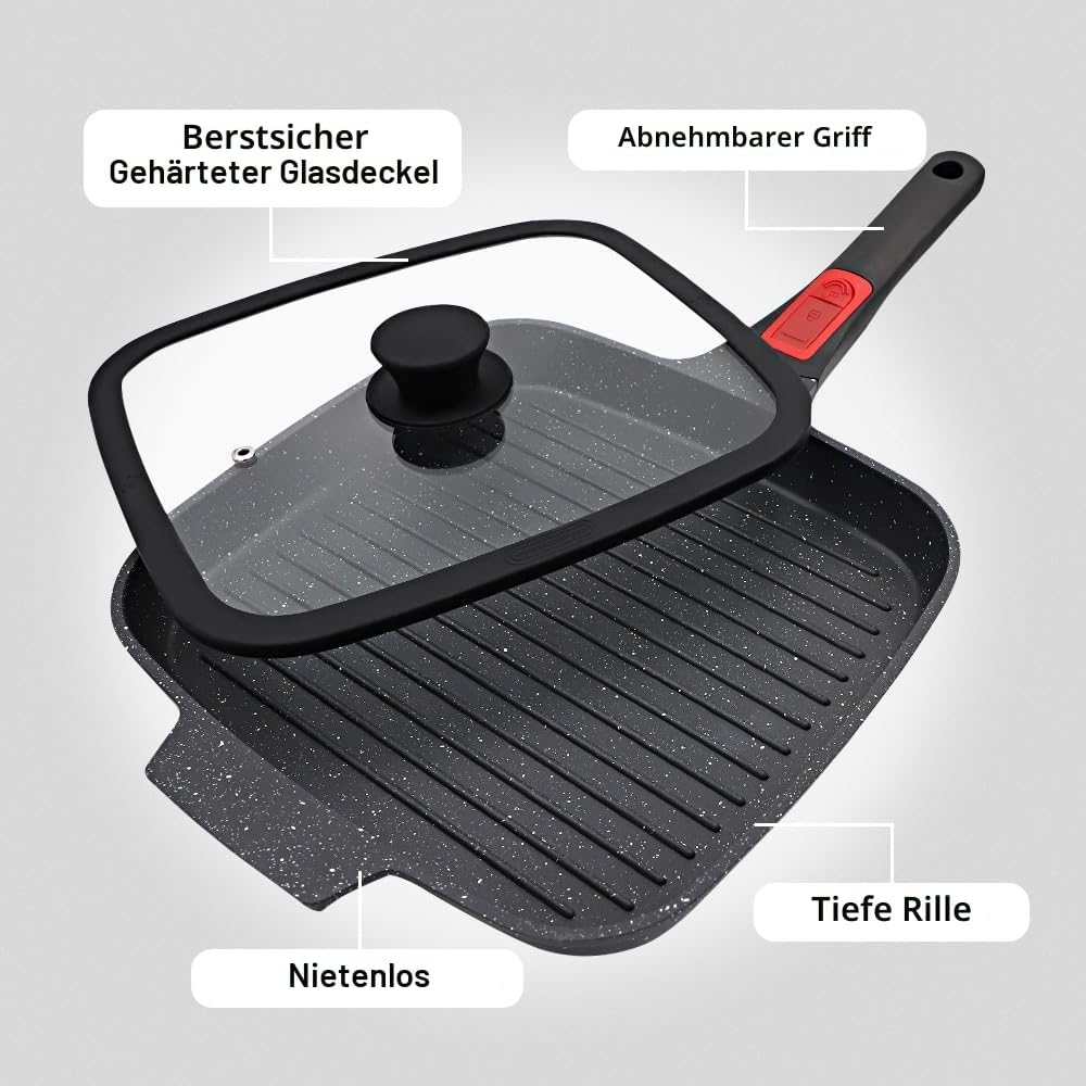 Grillpfanne Induktion mit Abnehmbarer Griff, 26 x 24 cm Steakpfanne mit Deckel Antihaft Beschichtet