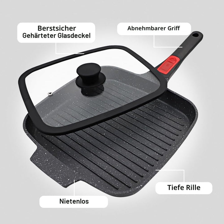 Grillpfanne Induktion mit Abnehmbarer Griff, 26 x 24 cm Steakpfanne mit Deckel Antihaft Beschichtet