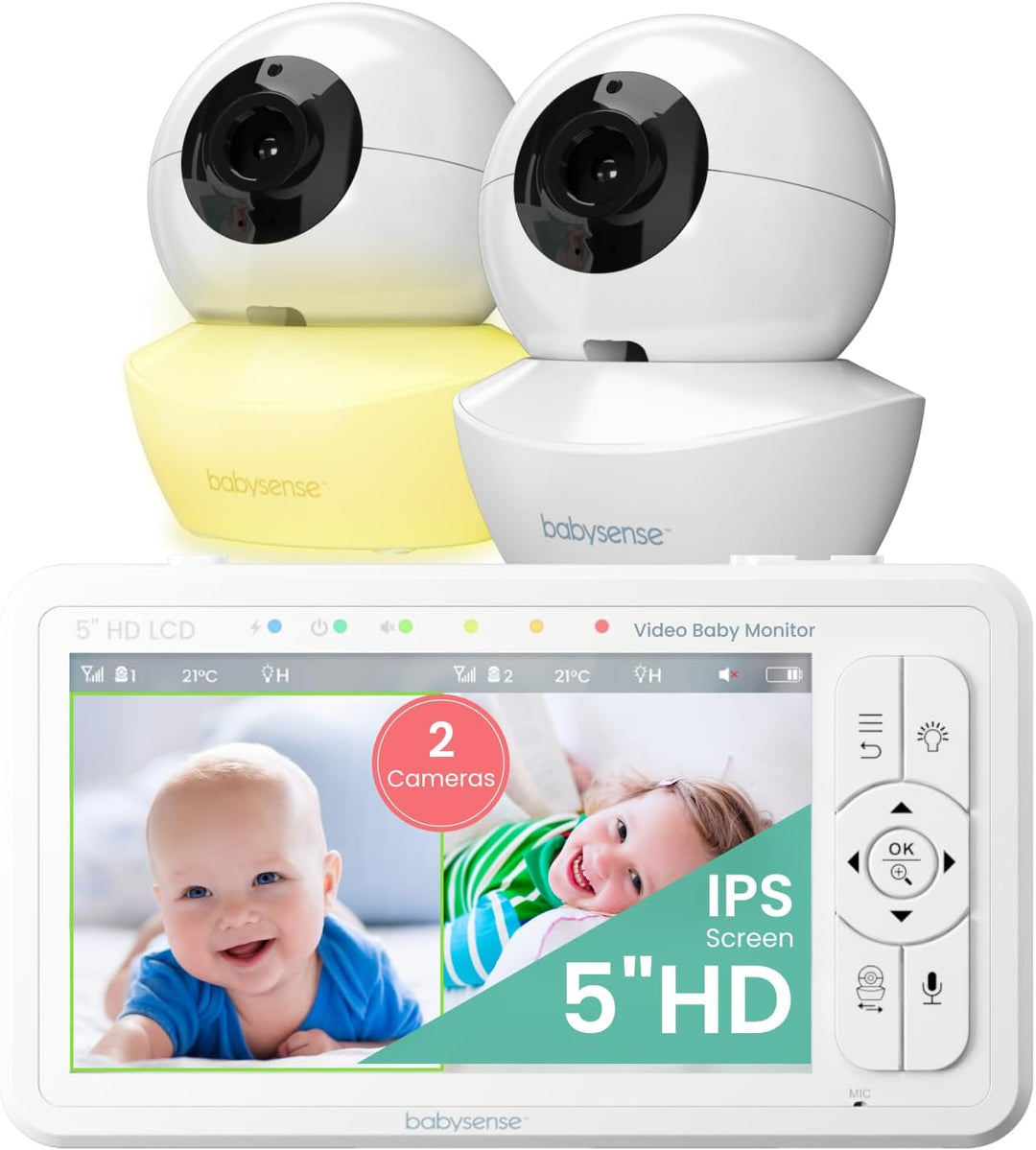 Babysense Baby Monitor mit 5" HD Split-Screen, Babyphone mit 2 HD-Kameras, Fernbedienung PTZ, Nachtl