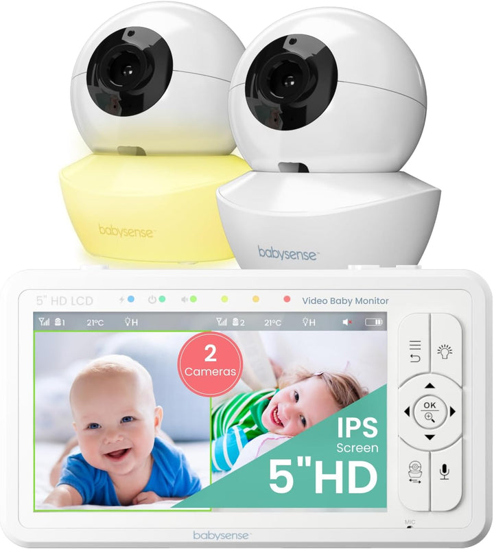 Babysense Baby Monitor mit 5" HD Split-Screen, Babyphone mit 2 HD-Kameras, Fernbedienung PTZ, Nachtl