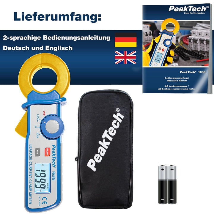 PeakTech 1636 – Leckstromzange mit Auflösung bis 100 µA, 2000 Counts, Data-Hold, Kriechstromzange, W