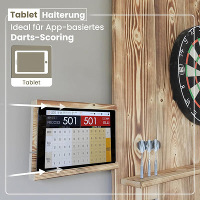 Wooden Dartboard Surround | Premium Dart-Wandschutz & Tablet-Halter (Optional) | Geflammter Burned L