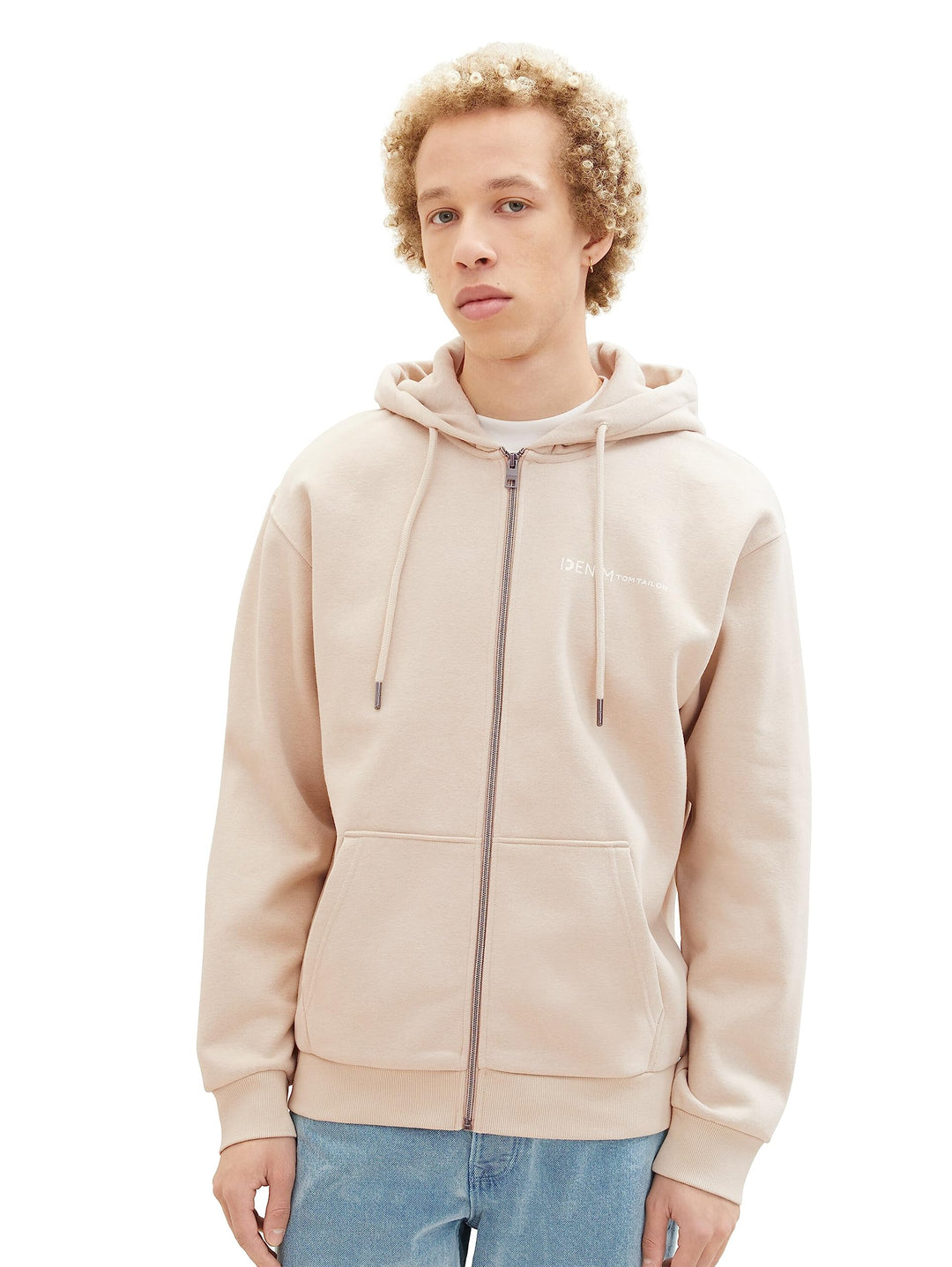 TOM TAILOR Denim Herren Basic Kapuzenjacke mit Logo-Print S 11704-silver Ecru, S 11704-silver Ecru