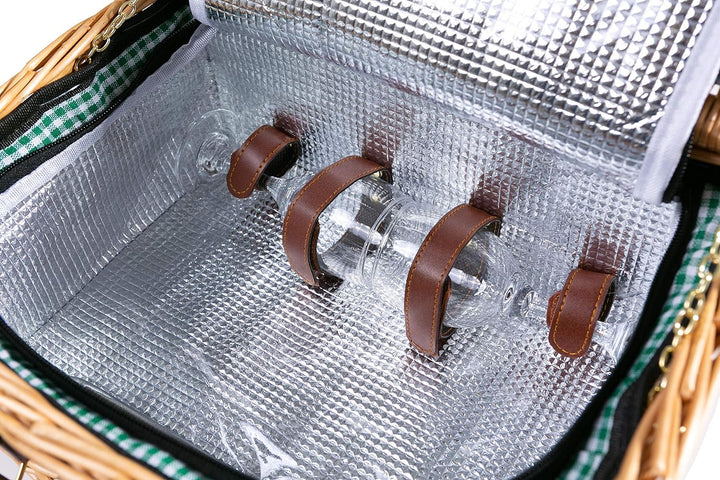 eGenuss Handgefertigtes Picknickkorb für 2 Personen mit Kühlfach, Multifunktionsmesser, Edelstahlbes