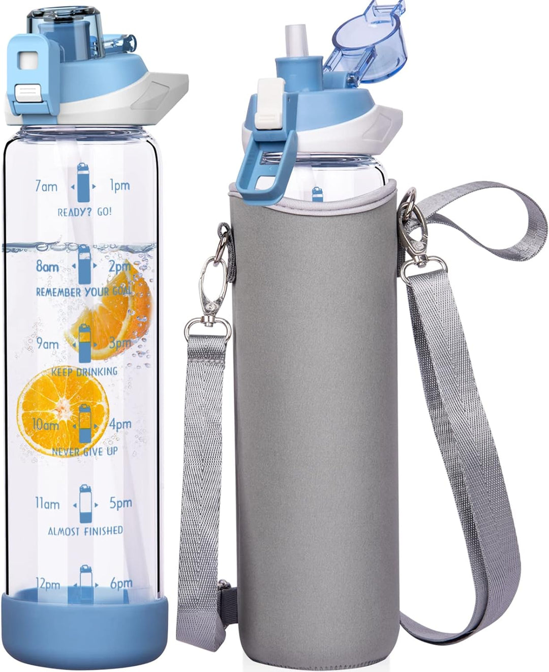 Seekua 1l Sport Trinkflasche Glas Flasche mit Strohhalm & Zeitmarkierung auslaufsicher bpa frei 1 li