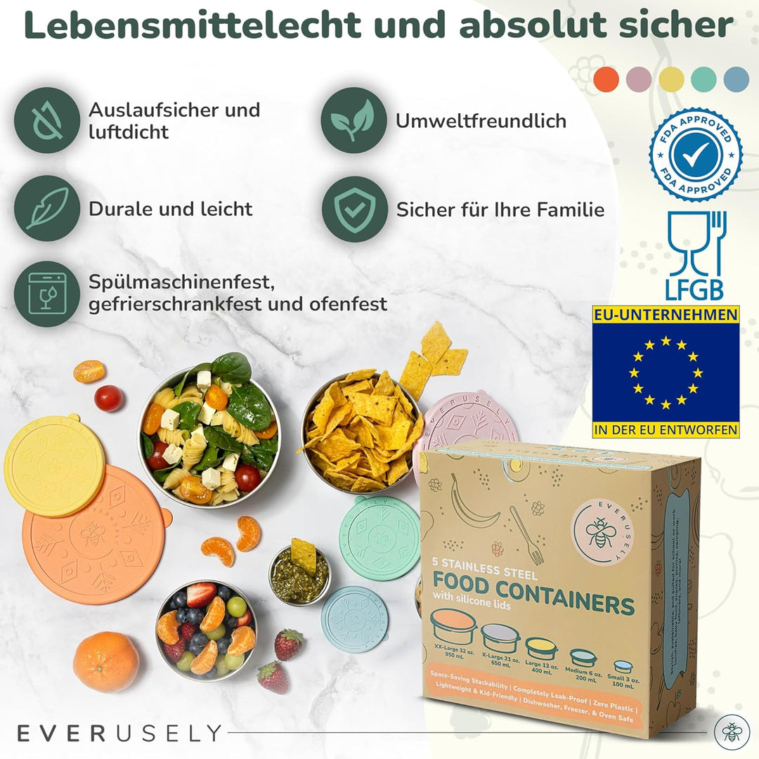 Everusely - Edelstahlbehälter mit Deckel - 5er-Set, Bright Collection - Auslaufsichere Edelstahl-Leb