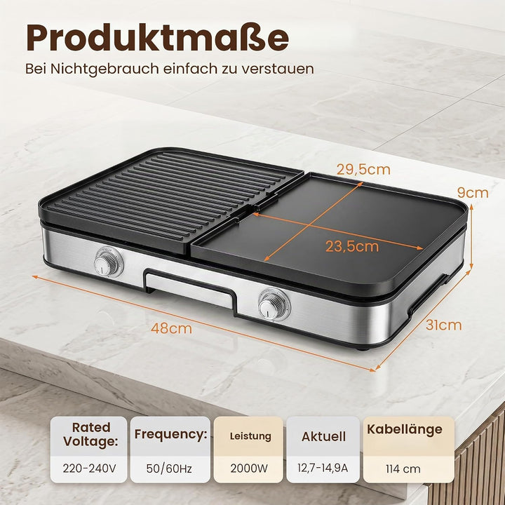 LIFEZEAL Elektrogrill, Tischgrill elektrisch 2000 W, Elektrischer Plattengrill Indoor mit 2 wendbare