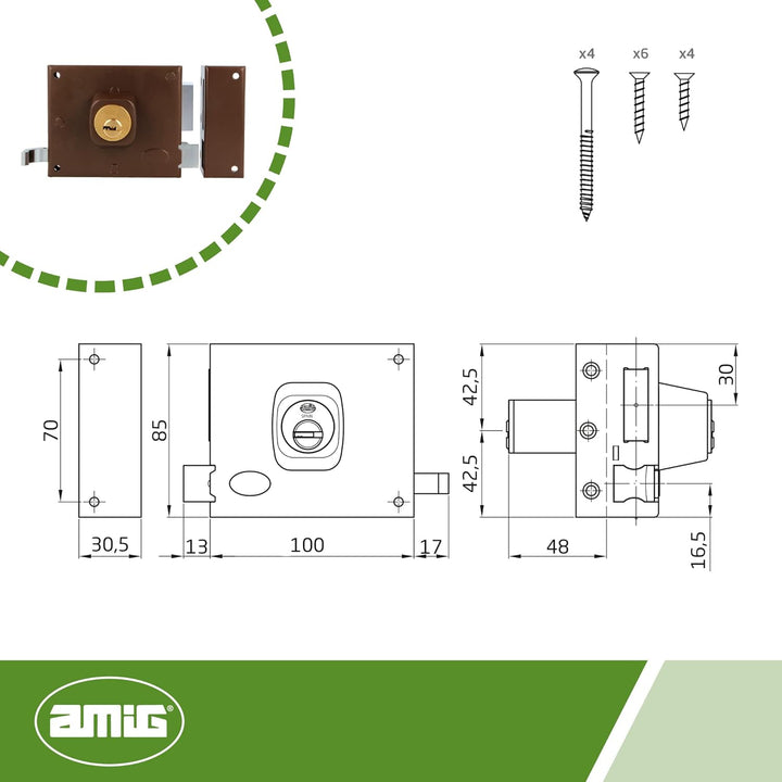 Amig - Aufschraubschloss DIN rechts mit Schliesshebel, Falle und Ziehgriff für Holztüren Mod. 72-100