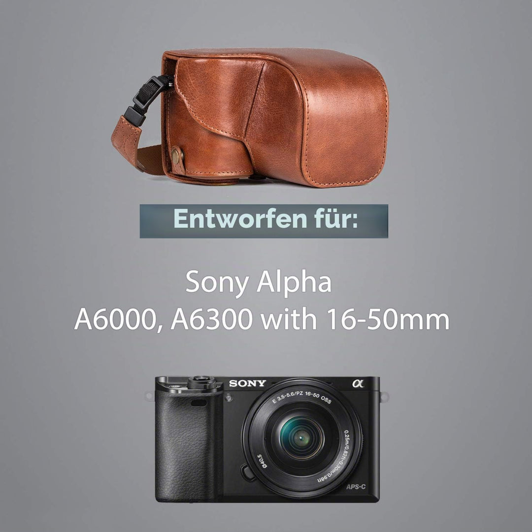 MegaGear Sony Alpha A6300, A6000 (16-50 mm) Ever Ready Echtleder Kamera-Case mit Trageriemen und Bat